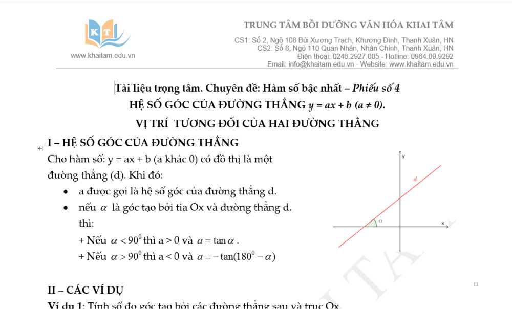 Toán 9: Tài liệu trọng tâm. Chuyên đề: Hàm số bậc nhất. Phiếu 4: Hệ số góc của đường thẳng y=ax+b